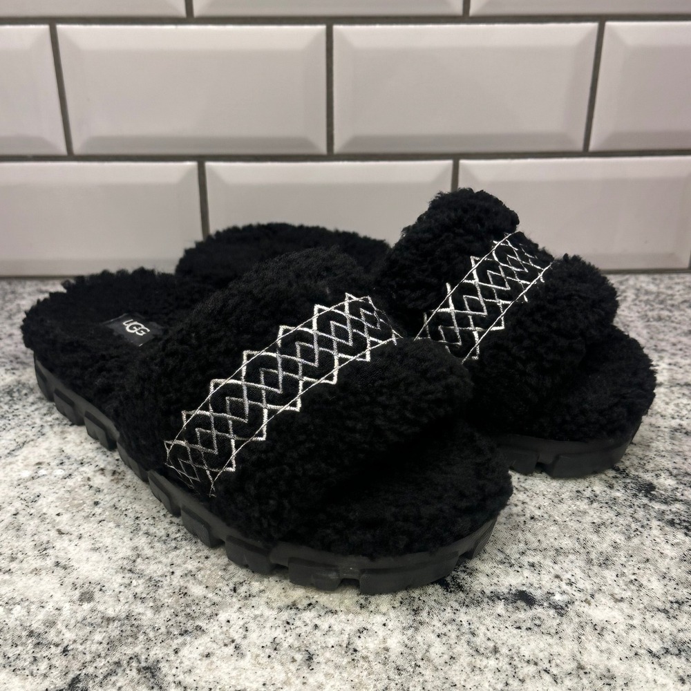 UGG Cozetta Womens 8 Braid Black Curly Sheepskin Slides Sandals Slippers Comfort